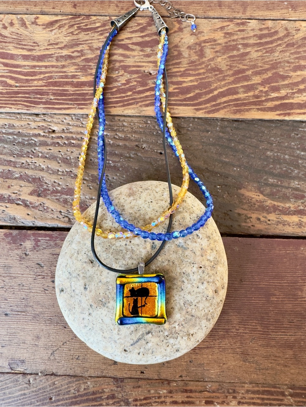 Colorful Dichroic Glass Black Cats Necklace